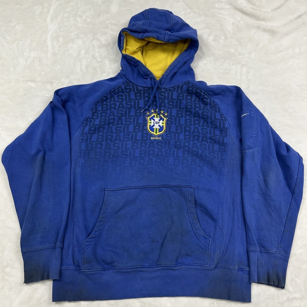 Nike Brasil Hoodie Mens Large Blue CBF Soccer Pullover Distressed Raglan Sleeves